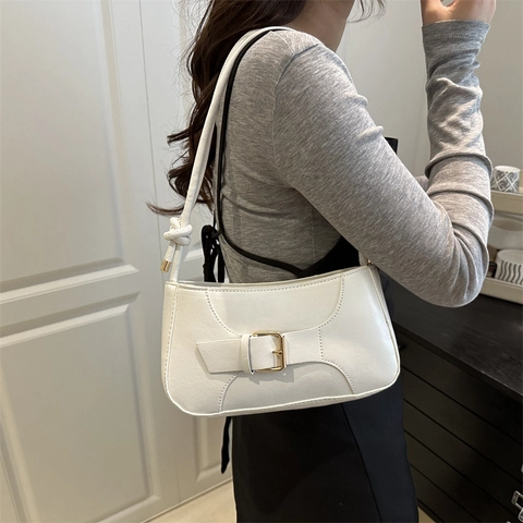 Bolso de Hombro Axila de Cuero PU Retro Color Sólido Gran Capacidad para Mujer Con Hebilla de Metal y Correa Anudada Moda