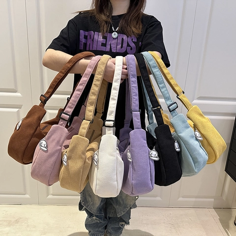 Women Corduroy Tote Bag Large Capacity Casual Hobo Half Moon Shoulder Crossbody Bag With Cute Cartoon Dog Charm Fashion Purse