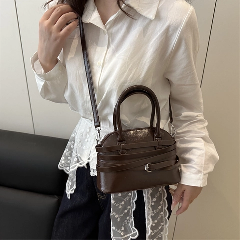 Women Fashion PU Leather Shell Handbag Metallic Crossbody Bag Decorative Belt Adjustable Strap Casual Commuting Purse