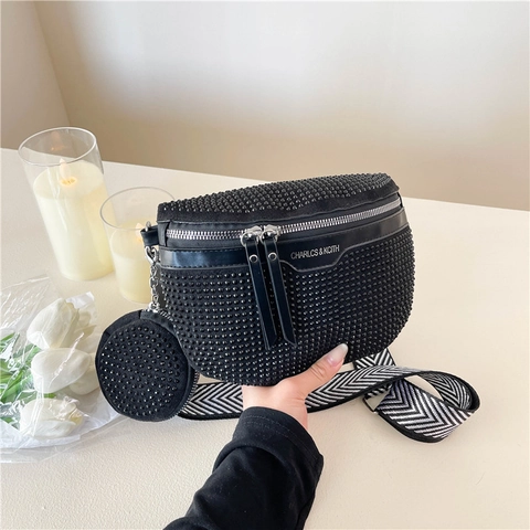 Fashion Rhinestone Chest Bag For Women Large Capacity Punk Waist Bag With Coin Purse Wide Strap Shoulder Bag PU Leather