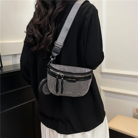 Fashion Rhinestone Chest Bag For Women Large Capacity Punk Waist Bag With Coin Purse Wide Strap Shoulder Bag PU Leather