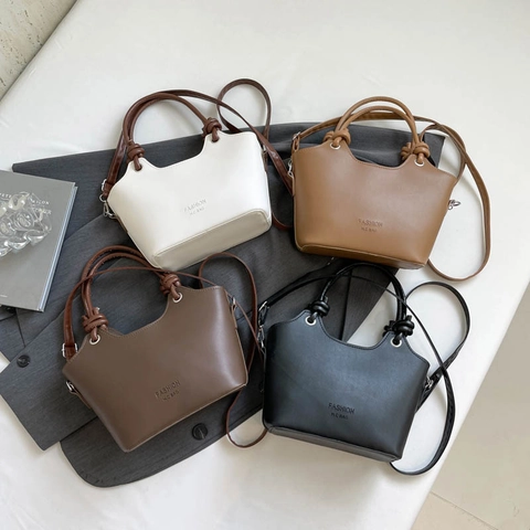 Mode Damen PU Leder Eimertasche Vintage Schultertasche Umhängetasche Mit Knoten Griff Tägliche Messenger Tote Bag