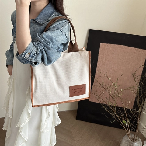 Fashion Canvas Tote Bag For Women Large Capacity Korean Style Shoulder Bag Casual Commuter Handbag Solid Color Shopping Bag