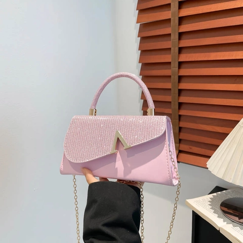 Women Elegant Sequin Patchwork Handbag With V Buckle Gold Chain Shoulder Strap Banquet Evening Party Crossbody Bag