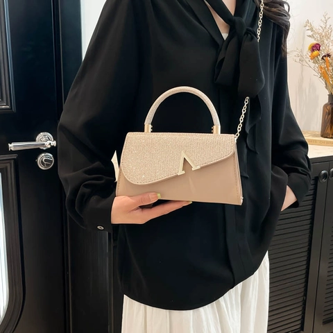 Women Elegant Sequin Patchwork Handbag With V Buckle Gold Chain Shoulder Strap Banquet Evening Party Crossbody Bag