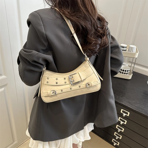 Women Y2K Punk Style PU Leather Underarm Bag Rivet Eyelets Metal Buckle Shoulder Bag Fashion Motor Crossbody Hobo Bag