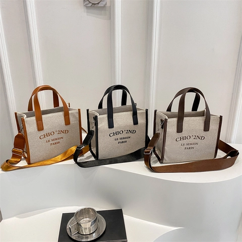 Women Canvas Synthetic Leather Tote Bag Letter Print Crossbody Handbag Daily Commute Stylish French Minimalist Purse