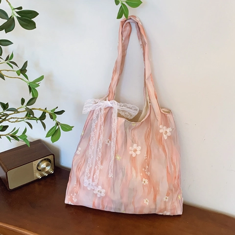 Borsa Tote da Donna in Tela Tie-Dye Con Fiori Ricamati e Fiocco di Pizzo Elegante Borsa a Tracolla di Grande Capacità
