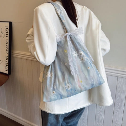 Borsa Tote da Donna in Tela Tie-Dye Con Fiori Ricamati e Fiocco di Pizzo Elegante Borsa a Tracolla di Grande Capacità