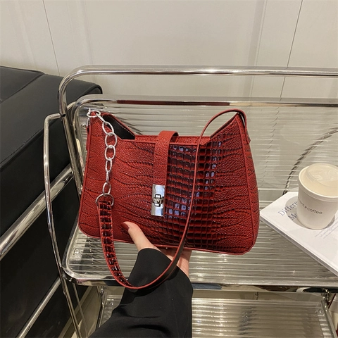 Sac à Épaule en Cuir PU à Motif Crocodile Rétro pour Femmes Sac Sous les Aisselles Grande Capacité avec Chaîne de Mode