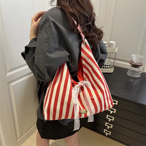 Damen Canvas Gestreifte Tragetasche Große Kapazität Schultertasche Mit Spitzenschleife Band Vintage Ästhetik Handtasche