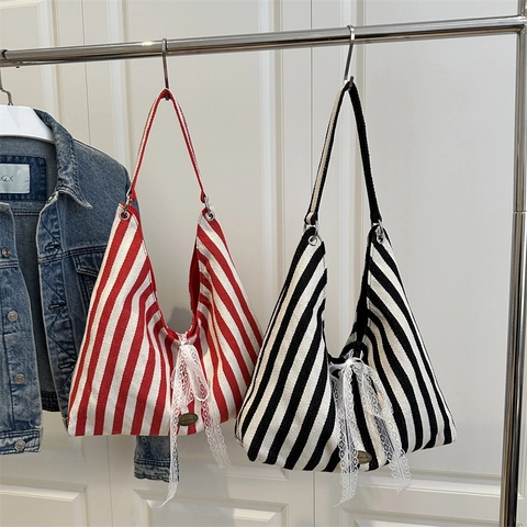 Borsa Tote in Tela a Righe da Donna Con Fiocco in Pizzo Moda Retro Grande Capacità Borsa a Tracolla Etichetta in Metallo Fatta a Mano