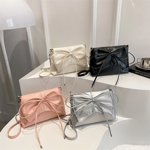 Fashion PU Leather Bow Shoulder Bag For Women Large Capacity Crossbody Small Square Bag Commuter Trend Purse