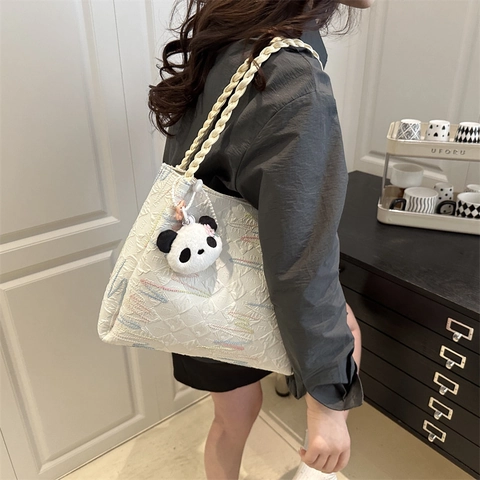 Sac Cabas Femme en Nylon Grande Capacité Style Japonais Ins Minimaliste Sac à Épaule Brodé Motif Losange Anse Tressée
