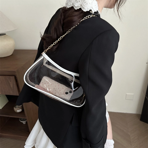 Sac Sous le Bras en PVC Transparent à la Mode Pour Femmes Avec Bandoulière en Chaîne Dorée Petit Sac à Main Quotidien