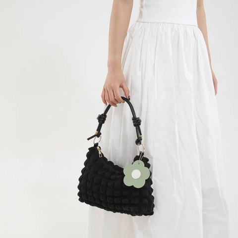 Women Popcorn Texture Shoulder Bag Nylon Ruched Knot Strap Underarm Hobo Bag With Flower Charm Sweet Korean Style Handbag