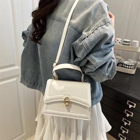 Fashion PU Leather Small Square Shoulder Bag For Women High Capacity Flap Top Handle Crossbody Bag With Golden Lock