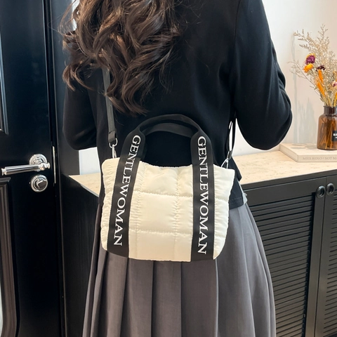 Quilted Cotton Puffer Tote Bag With Letter Webbing Handles Adjustable Shoulder Strap Large Capacity Casual Fashion Handbag