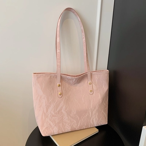 Bolso Tote de PU Grande Minimalista Textura Arrugada Color Sólido Cremallera Bolso de Hombro Moda Mujer