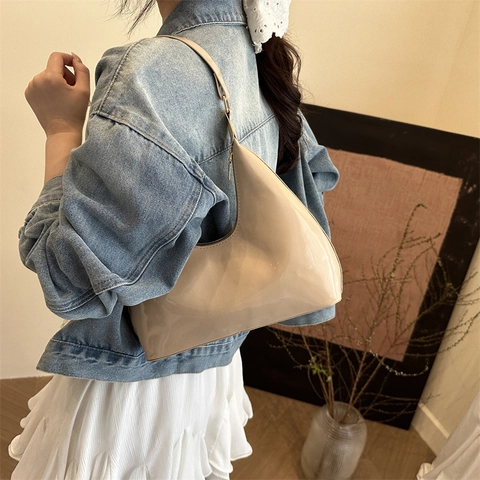 Bolso Hobo de Cuero de Patente Retro para Mujer Gran Capacidad Bolso de Hombro de Axila Color Sólido Bolso de Moda