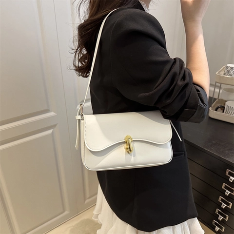 Damen Mode Minimalistisch PU Leder Achsel Tasche Trendy Einfarbig Klein Quadratisch Schulter Tasche Mit Goldenem Metallschloss
