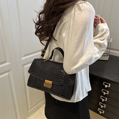 Elegante Bolso de Mano de Cuero PU con Patrón de Cocodrilo Cierre Dorado Bolso de Hombro Mujer Diseño Retro Minimalista Diario Versátil Cuadrado