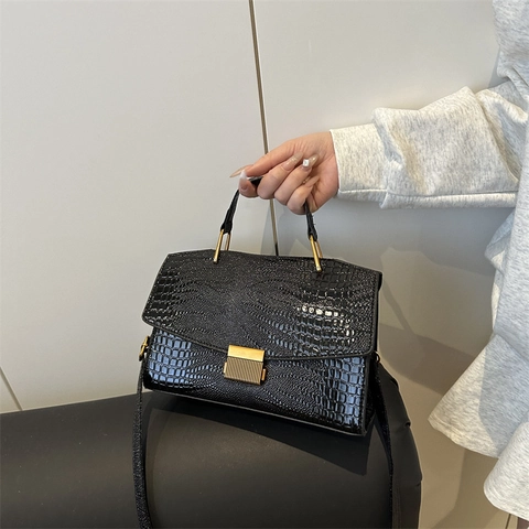 Sac à Main Femme en Cuir PU Motif Crocodile Boucle Dorée Sac Bandoulière Simple Carré Messager Sac à Main Quotidien