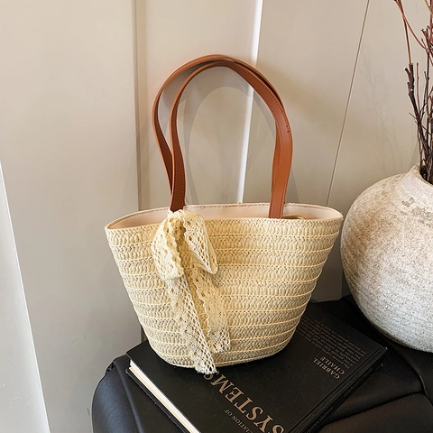 Dames Grote Strogeweven Tote Bag Met Kantstrik Lint Decoratie Zomer Strand Vakantie Schoudertas Emmertas Casual Handtas