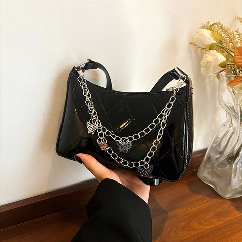 Women Quilted PU Leather Underarm Bag Butterfly Metal Chain Shiny Patent Shoulder Bag Minimalist Small Square Purse