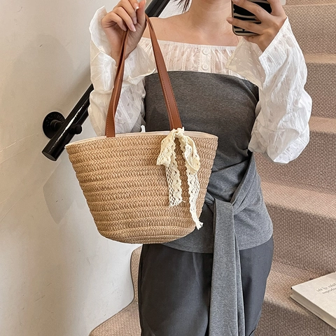 Dames Grote Strogeweven Tote Bag Met Kantstrik Lint Decoratie Zomer Strand Vakantie Schoudertas Emmertas Casual Handtas