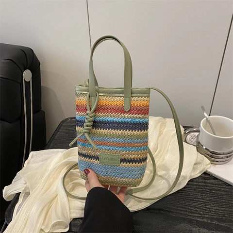 Sac à Main en Paille Tissée à Rayures Colorées pour Femmes Été Plage Petit Sac à Épaule Carré Avec Poignée en Cuir Mode