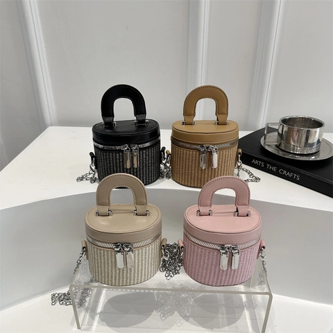 Borsa a Secchiello Cilindrica Mini da Donna in Pelle PU Con Trama Intrecciata Tracolla a Catena Doppia Cerniera Crossbody