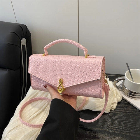 Bolso de Hombro de Cuero PU Tejido para Mujer Gran Capacidad Cierre de Nota Musical Bolso de Mano Cruzado Color Sólido Moda