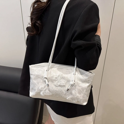 Women Butterfly Embroidery Lace Underarm Bag Sweet PU Leather Tote Shoulder Bag Large Capacity Vintage Fashion Handbag