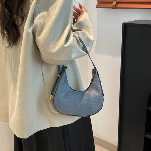 Bolso de Axila de Nailon Minimalista con Media Luna para Mujer Herrajes Dorados Color Sólido Bolso de Hombro Hobo Diario Moda