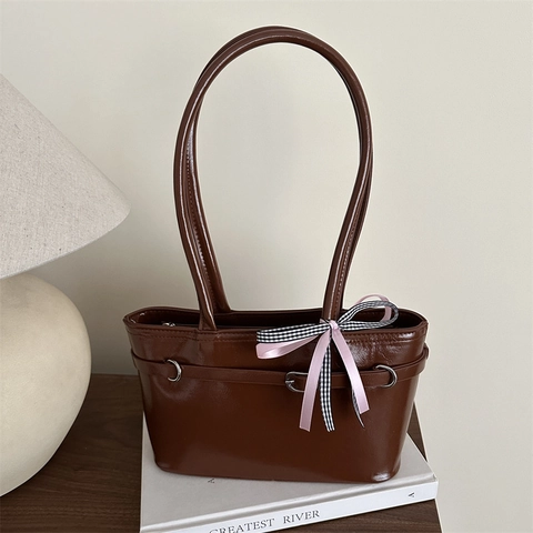Bolso de Hombro de Cuero PU Vintage para Mujer Bolso Tote de Gran Capacidad Con Decoración de Lazo Bolso de Mano Minimalista