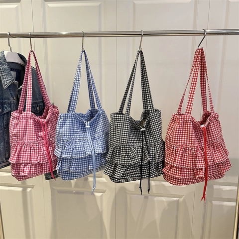 Borsa Tote da Donna in Tela Gingham Coreana Con Volant e Coulisse Grande Capacità Borsa a Tracolla a Quadretti per Pendolari