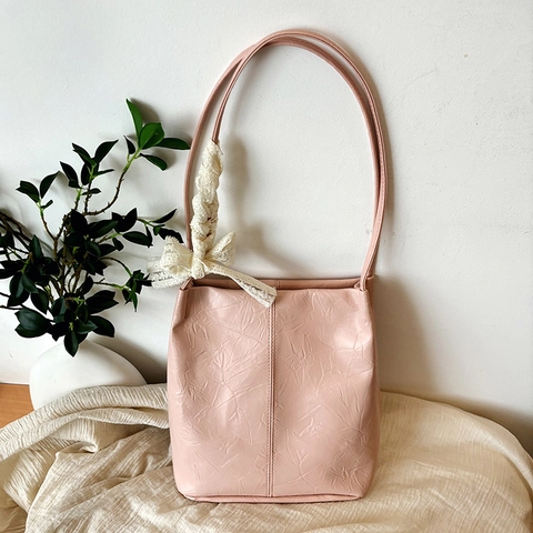 Women Large Capacity PU Leather Bucket Bag Lace Bow Knot Crinkled Texture Shoulder Underarm Bag Casual Commute Tote Handbag