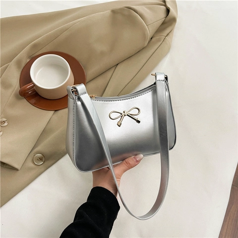 Bolso de Axila para Mujer con Lazo Francés Cuero de PU Color Sólido Bolso de Hombro Moda Vintage Minimalista Gran Capacidad Diario