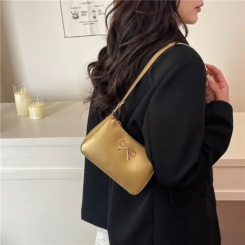 Bolso de Axila para Mujer con Lazo Francés Cuero de PU Color Sólido Bolso de Hombro Moda Vintage Minimalista Gran Capacidad Diario
