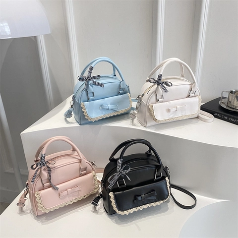 Zoete Dames PU Leren Schoudertas Met Kant Strik Decor Mode Schelpvorm Handtas Chic Woon-werkverkeer Crossbody Tas Voor Dames