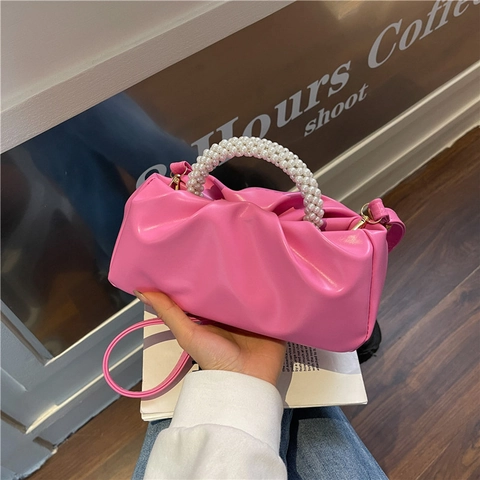 Women Ruched Pearl Handle Shoulder Bag Pleated PU Leather Cloud Crossbody Handbag Minimalist Solid Color Small Square Bag