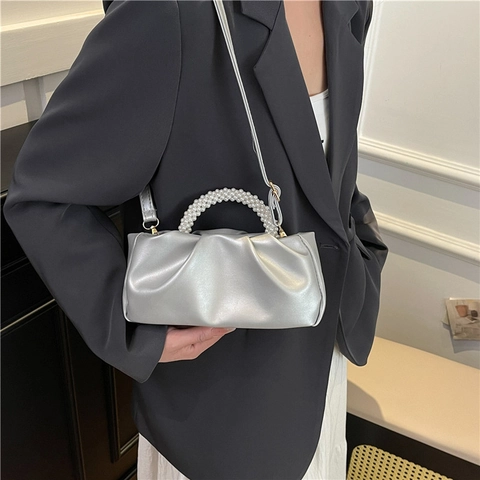 Women Ruched Pearl Handle Shoulder Bag Pleated PU Leather Cloud Crossbody Handbag Minimalist Solid Color Small Square Bag