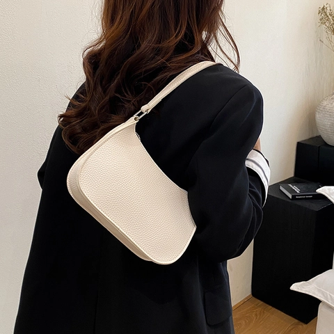 Women PU Leather Pebbled Texture Underarm Bag Minimalist Solid Color Shoulder Bag Large Capacity Fashion Zipper Handbag