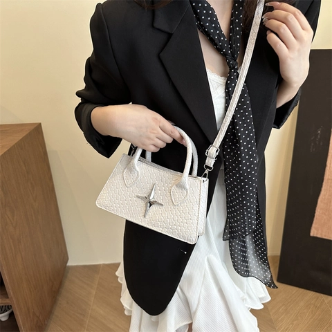 Sac à Bandoulière pour Femmes en Cuir PU Minimaliste Urbain Décor d'Étoile Vintage Motif Gauffré Sac à Main Petit Carré