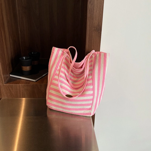 Borsa Tote in Tela a Righe Reversibile di Grande Capacità Per Donna Estiva Casual Con Stampa di Lettere Borsa a Tracolla Street Trend