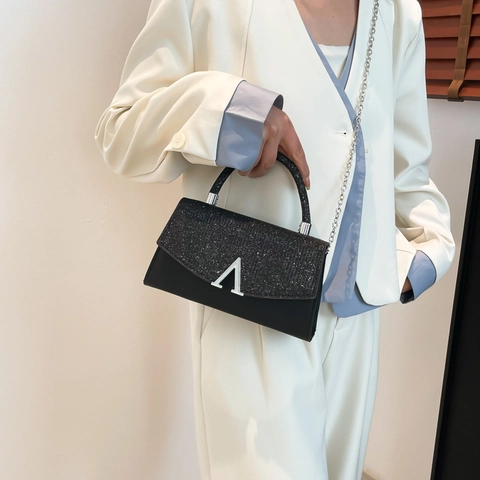 Women Sequined PU Leather Shoulder Bag Elegant Chain Crossbody Handbag With Metal Buckle Square Party Messenger Bag Purse