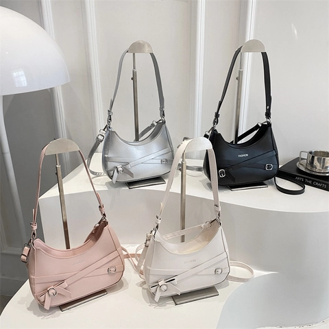 Fashion Women PU Leather Crescent Hobo Bag Niche Design Cross Strap Bow Decoration Underarm Shoulder Bag For Daily Commute