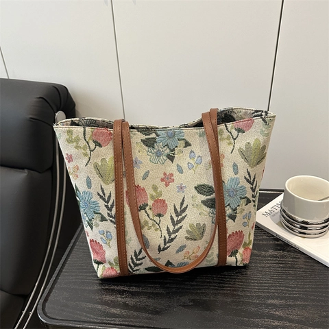 Bolso Tote de Lona Jacquard Floral Vintage para Mujer Bolso de Hombro de Gran Capacidad Bolso de Mano Casual para Diario