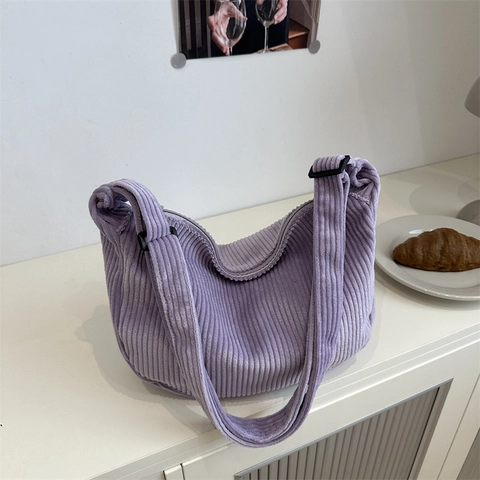 Borsa a Tracolla Hobo da Donna in Velluto a Coste Grande Capacità Tracolla Regolabile Casual Semplice Stile Giapponese